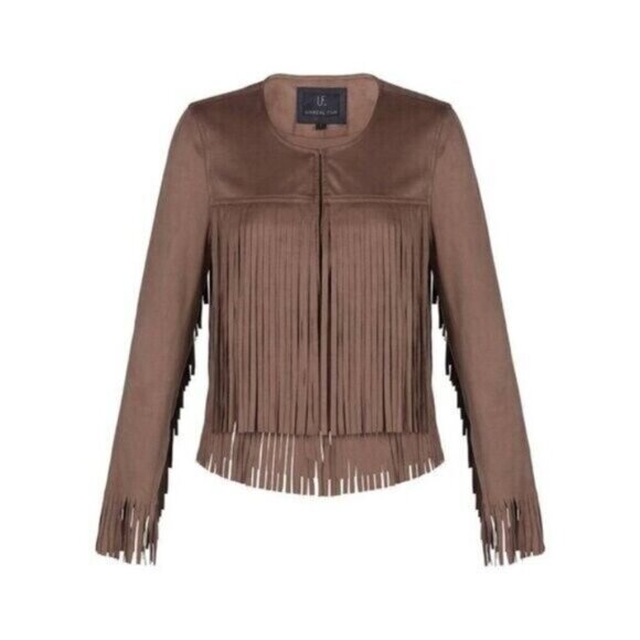 Anthropologie Unreal Fur Elu Double Layered Fringed Suede Jacket Black Small